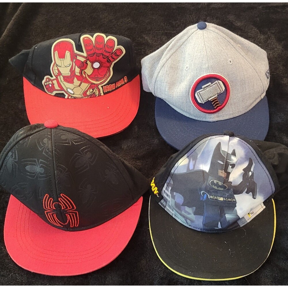 Lot Of 4 Superhero Kids Hats Boys Iron Man Spider Man Thor Lego Batman